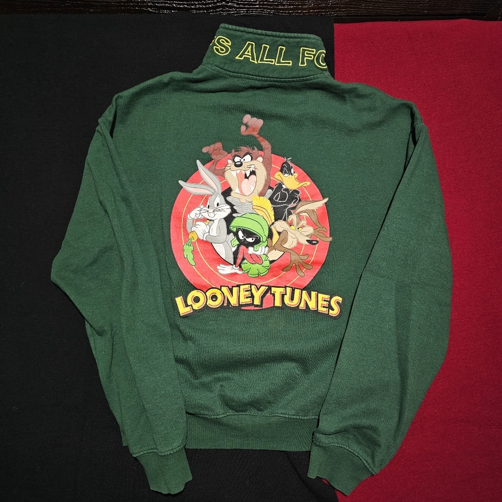 Looney Tunes Quarter Zip Sweatshirt Women's Medium Green Mock Neck Bugs Bunny